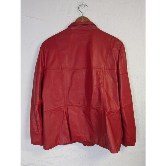 Vtg Red Leather Jacket 90s Y2K Zip Retro Bold Bright Statement Womens Large - Picture 4 of 11